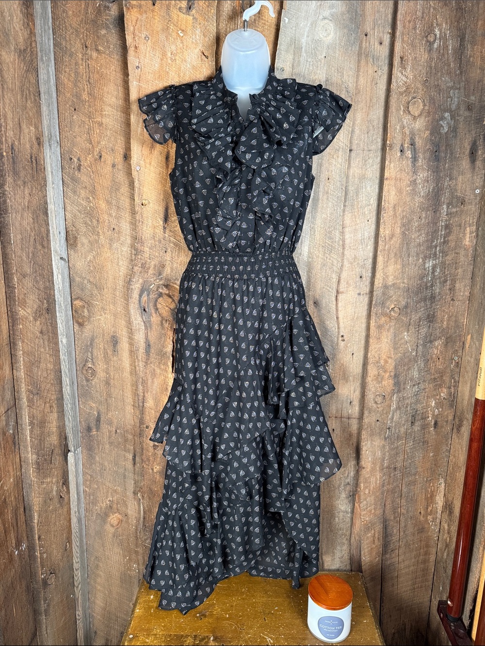 Misa Las Angeles  Ruffle Midi Dress with Subtle Metallic Print